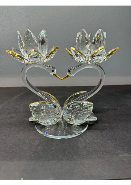 Dekoratif Kristal Cam Ikili Lotus Kuğulu Kalp Şamdan Gold