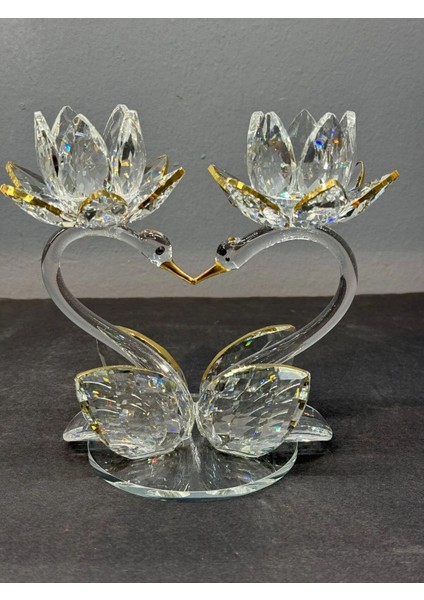 Dekoratif Kristal Cam Ikili Lotus Kuğulu Kalp Şamdan Gold fiyatları