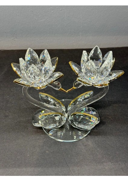 Dekoratif Kristal Cam Ikili Lotus Kuğulu Kalp Şamdan Gold modelleri