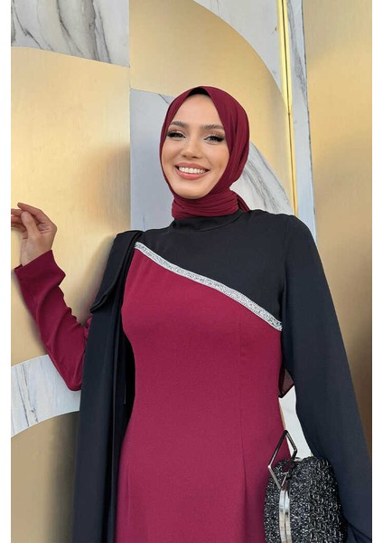 Tek Omuz Fiyonk Apoletli Çift Renk Elbise 3862 Bordo fırsatları
