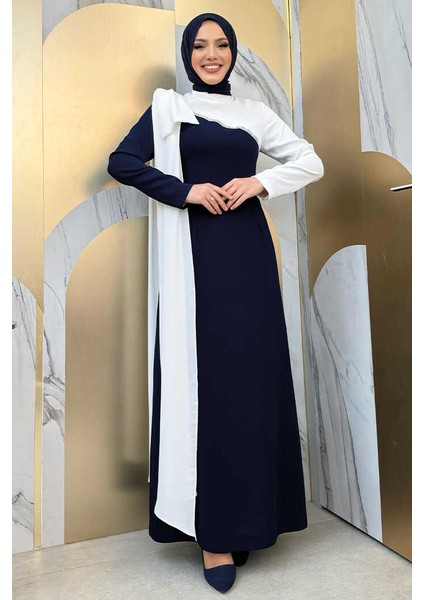 Tek Omuz Fiyonk Apoletli Çift Renk Elbise 3862 Lacivert