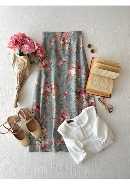 Uzun Turkuaz-Pembe Çiçekli Pazen Etek fiyatları