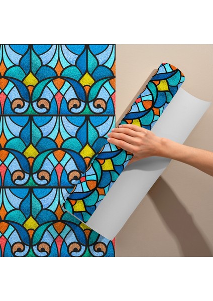 Yapışkanlı Mavi Vitray Desenli Folyo, Şeffaf Folyolar, Duşakabin, Ofis Camı, Dolap Kaplama Folyosu, Isıya Dayanıklı, Su Geçirmez, Yapışkan Folyolar, Sticker, Büyük Ebatlı, Dekoros modelleri
