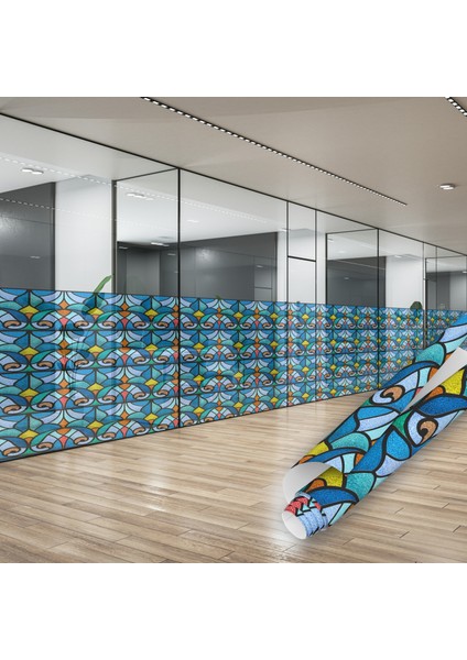 Yapışkanlı Mavi Vitray Desenli Folyo, Şeffaf Folyolar, Duşakabin, Ofis Camı, Dolap Kaplama Folyosu, Isıya Dayanıklı, Su Geçirmez, Yapışkan Folyolar, Sticker, Büyük Ebatlı, Dekoros fırsatları