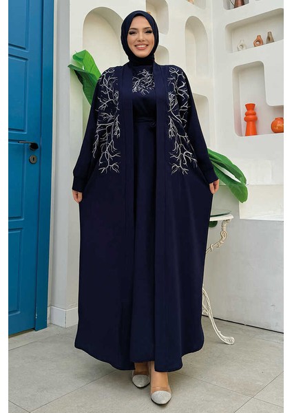 Bym Fashion Işleme Detaylı Abaya ve Elbise Takım 8486 Lacivert