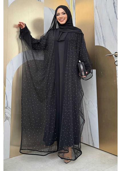 Taş Detaylı Yasarakol Tül Abaya 7881 Siyah