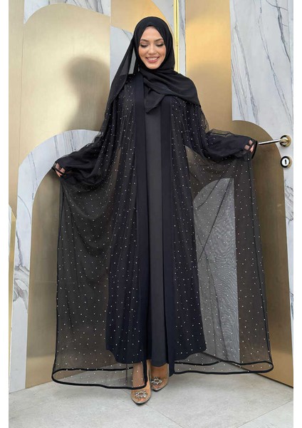 Taş Detaylı Yasarakol Tül Abaya 7881 Siyah