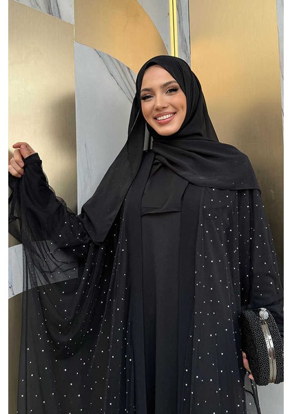 Taş Detaylı Yasarakol Tül Abaya 7881 Siyah