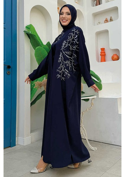 Işleme Detaylı Abaya ve Elbise Takım 8486 Lacivert modelleri