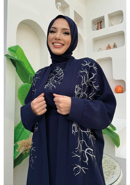 Işleme Detaylı Abaya ve Elbise Takım 8486 Lacivert fırsatları