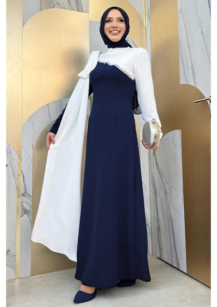 Tek Omuz Fiyonk Apoletli Çift Renk Elbise 3862 Lacivert modelleri