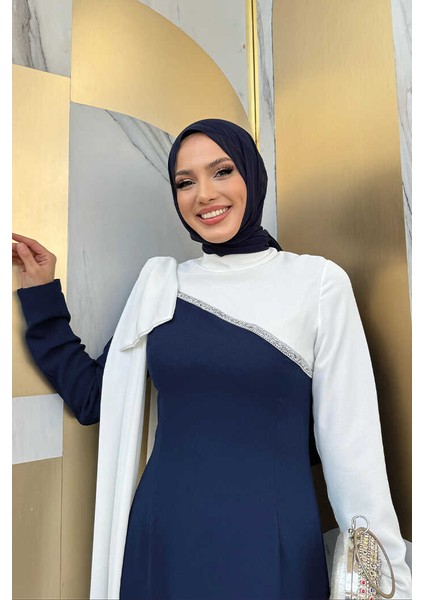 Tek Omuz Fiyonk Apoletli Çift Renk Elbise 3862 Lacivert fırsatları