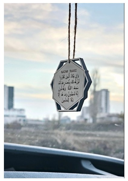 Ahşap Çift Taraflı Araba Süsü Altıgen Ayetel Kürsi Duası ve Nazar Duası Dikiz Aynası Süsü 6gen Dikiz Aynası