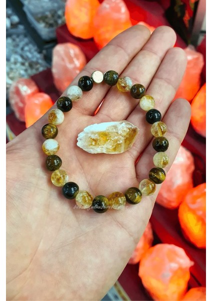 Doğal Taş ( Taş ) Unisex Kaplan Gözü, Sitrin Bileklik