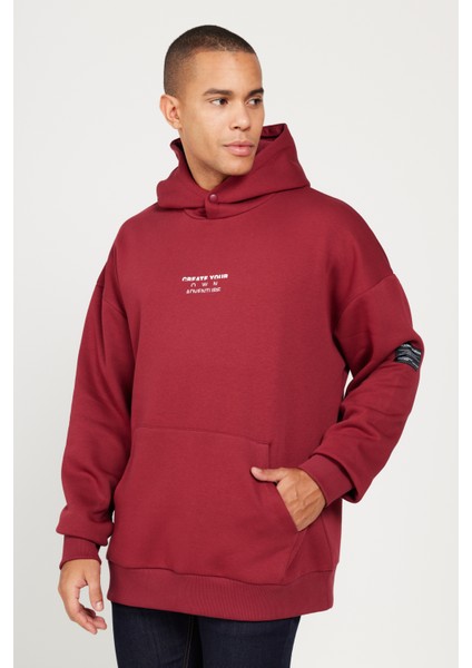 Erkek Bordo Oversize Fit Bol Kesim Kapüşonlu Içi Polarlı 3 Iplik Pamuklu Sweatshirt