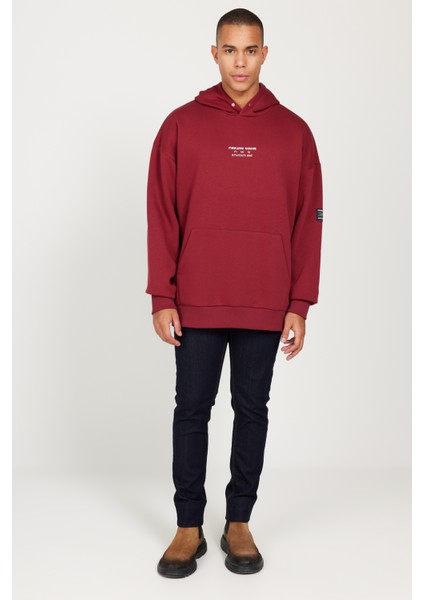 Erkek Bordo Oversize Fit Bol Kesim Kapüşonlu Içi Polarlı 3 Iplik Pamuklu Sweatshirt