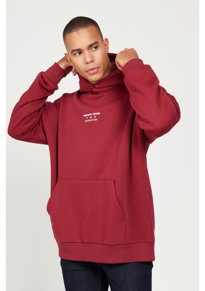 Erkek Bordo Oversize Fit Bol Kesim Kapüşonlu Içi Polarlı 3 Iplik Pamuklu Sweatshirt