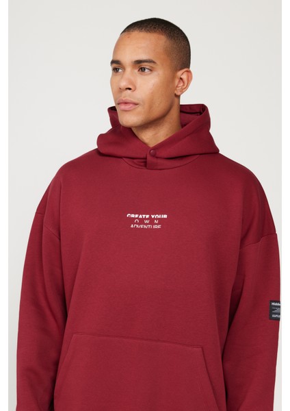 Erkek Bordo Oversize Fit Bol Kesim Kapüşonlu Içi Polarlı 3 Iplik Pamuklu Sweatshirt