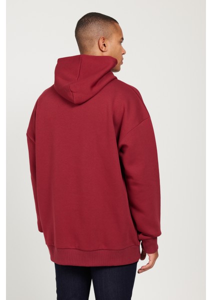 Erkek Bordo Oversize Fit Bol Kesim Kapüşonlu Içi Polarlı 3 Iplik Pamuklu Sweatshirt