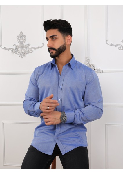 Collection BUZ MAVİ PAMUKLU REGULAR FİT DÖRT MEVSİM HEDİYE KUTULU UZUN KOLLU ERKEK GÖMLEK