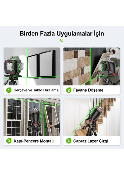 KBL36G Profesyonel Li-Ion Şarjlı 4X360⁰ LCD Ekran Otomatik Hizalamalı Yeşil Çapraz Çizgi Lazer