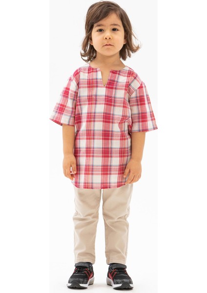 Kısa Kol Şile Bezi Bisiklet Yaka Yazlık Erkek Çocuk Tshirt Kırmızı Krem Ekose 3038