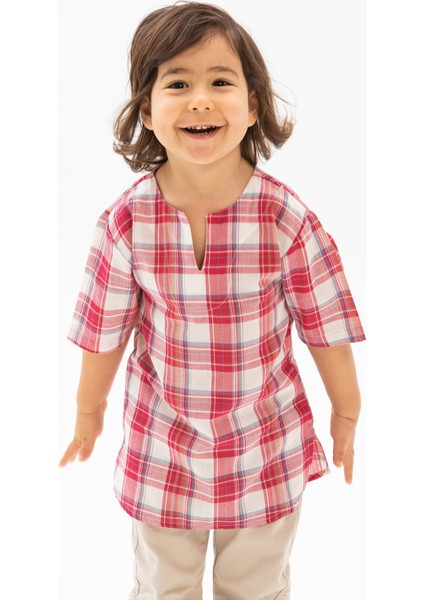Kısa Kol Şile Bezi Bisiklet Yaka Yazlık Erkek Çocuk Tshirt Kırmızı Krem Ekose 3038 modelleri