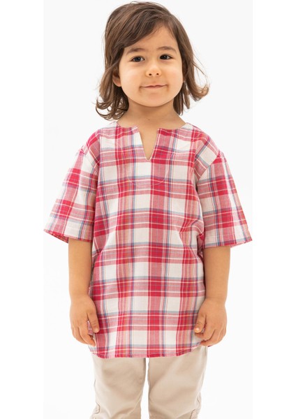 Kısa Kol Şile Bezi Bisiklet Yaka Yazlık Erkek Çocuk Tshirt Kırmızı Krem Ekose 3038 fırsatları