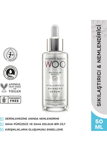 Woo Skin Expert Academy Ultra Hyaluronik Asit Moleküllü Yoğun Nemlendirme, Dolgun Görünüm ve Sıkılaştırma Etkili Cilt Bakım Serumu 50ml Tüm Ciltler için