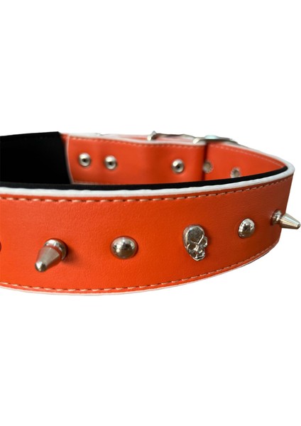 Kuru Kafalı ve Çivili Turuncu Renkli Destekli Yumuşak Doku Köpek Boyun Tasması 3 x 60 cm