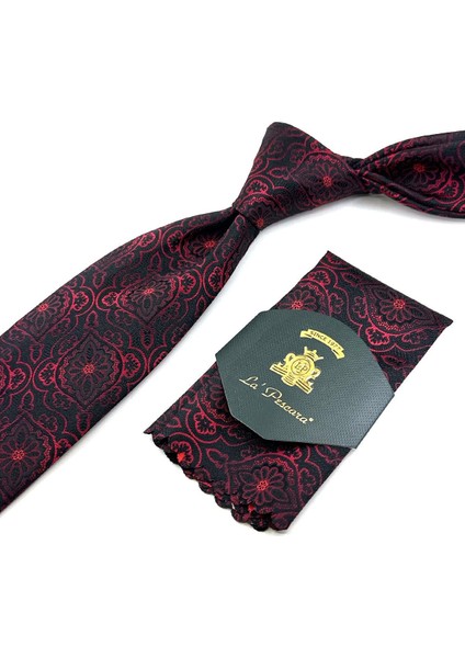 Siyah - Kırmızı Motif Desen Mendilli Klasik Kravat KK11979