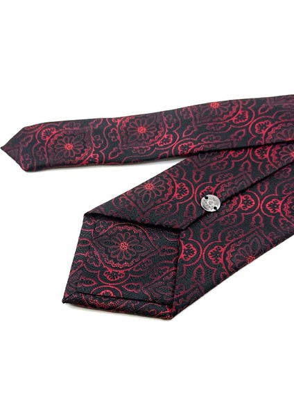 Siyah - Kırmızı Motif Desen Mendilli Klasik Kravat KK11979