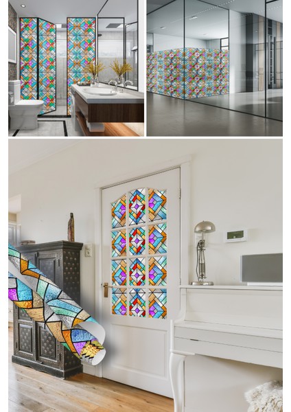 Renkli Geometrik Desenli Şeffaf Yapışkanlı Folyo, Ofis, Duşakababin, Mutfak Camı Kaplama Folyosu, Isıya Dayanıklı Su Geçirmez, Yapışkan Folyolar, Sticker, Büyük Ebatlı, Dekoros