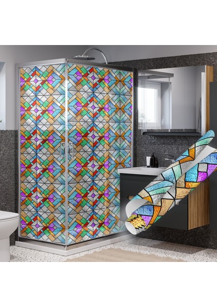 Renkli Geometrik Desenli Şeffaf Yapışkanlı Folyo, Ofis, Duşakababin, Mutfak Camı Kaplama Folyosu, Isıya Dayanıklı Su Geçirmez, Yapışkan Folyolar, Sticker, Büyük Ebatlı, Dekoros modelleri