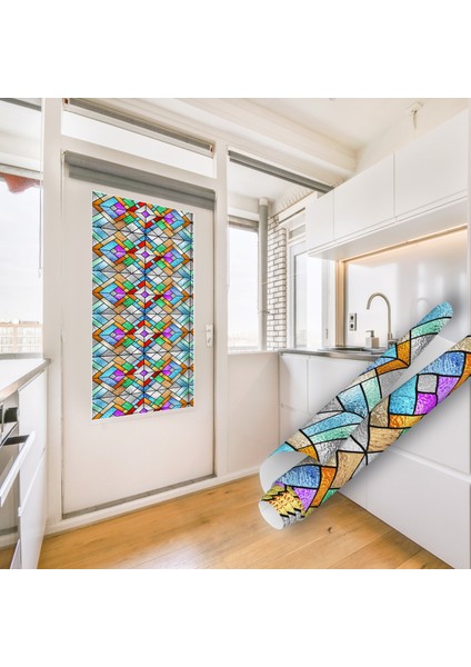 Renkli Geometrik Desenli Şeffaf Yapışkanlı Folyo, Ofis, Duşakababin, Mutfak Camı Kaplama Folyosu, Isıya Dayanıklı Su Geçirmez, Yapışkan Folyolar, Sticker, Büyük Ebatlı, Dekoros fırsatları