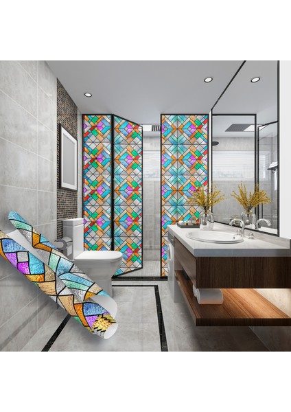 Renkli Geometrik Desenli Şeffaf Yapışkanlı Folyo, Ofis, Duşakababin, Mutfak Camı Kaplama Folyosu, Isıya Dayanıklı Su Geçirmez, Yapışkan Folyolar, Sticker, Büyük Ebatlı, Dekoros indirimleri