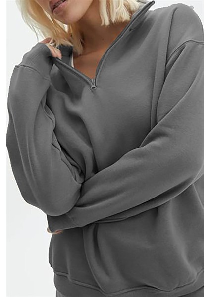 Füme Fermuar Detaylı Oversize Sweatshirt MG1933