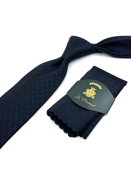 Lacivert - Siyah Motif Desen Mendilli Klasik Kravat KK12015