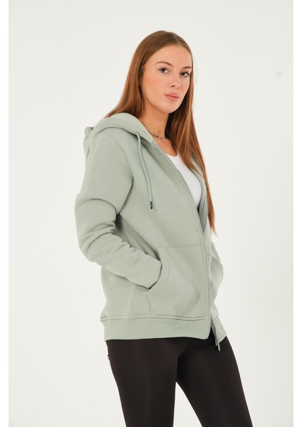 Kadın Kanguru Cepli Kapüşonlu Sweatshirt Içi Polar Kalın Hırka