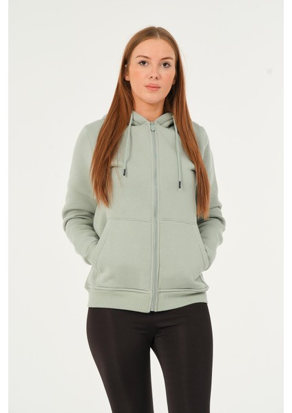 Kadın Kanguru Cepli Kapüşonlu Sweatshirt Içi Polar Kalın Hırka