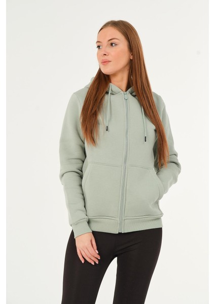 Kadın Kanguru Cepli Kapüşonlu Sweatshirt Içi Polar Kalın Hırka