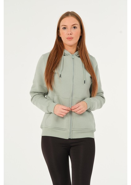 Kadın Kanguru Cepli Kapüşonlu Sweatshirt Içi Polar Kalın Hırka
