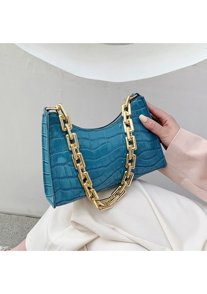 Tahıl Desenli Fermuar Çanta Moda Doku Kabartmalı Omuz Çantası Kadınlar Için Basit ve Küçük Kare Çantalar -Mavi (Yurt Dışından)