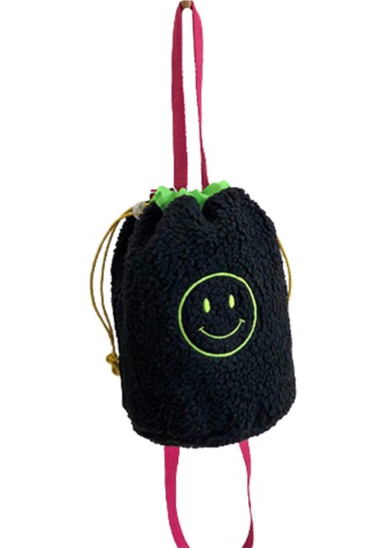 Kadınlar Için Işlemeli Omuz Çantaları Yumuşak Peluş Öğrenci Kız Gülümseme Kova Crossbody Çanta Kuzu Yünü Çanta Çanta Siyah (Yurt Dışından)