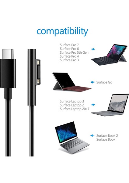 Surface Pro 3/4/5/6/7, Surface Laptop 3/2/1, Surface Go Için Uyumlu USB C Şarj Kablosuna Bağlanmak Için (Yurt Dışından)