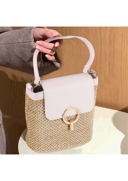 Küçük Hasır Kova Çanta Kadınlar Için Yaz Crossbody Çanta Bayan Seyahat Çantalar ve Çanta Kadın Omuz Basit Çanta Beyaz (Yurt Dışından)