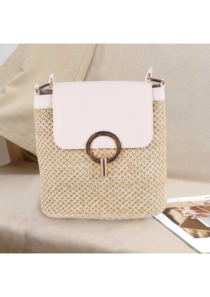Küçük Hasır Kova Çanta Kadınlar Için Yaz Crossbody Çanta Bayan Seyahat Çantalar ve Çanta Kadın Omuz Basit Çanta Beyaz (Yurt Dışından)