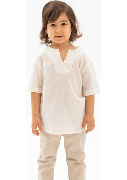 Kısa Kol Şile Bezi Bisiklet Yaka Yazlık Erkek Çocuk Tshirt Krem 3002