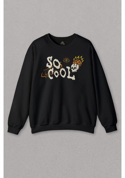 Unisex Sweatshirt Skull Logo Y2K Kuru Kafa Galaksi Uzay Galaxy Siyah Baskılı Sweat