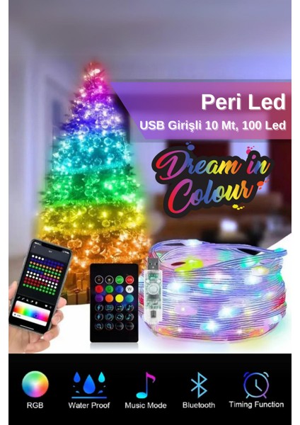 Rgb Peri Led, 10 Metre, 100 Led, USB Girişli, WS2812B Animasyonlu, Telefon Kontrollü, Kumandalı LED